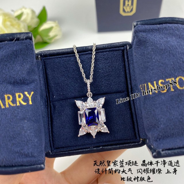Harry Winston海瑞溫斯頓HW專櫃爆款925銀滿鑽寬版方鑽戒指皇家藍項鏈 zgb2187